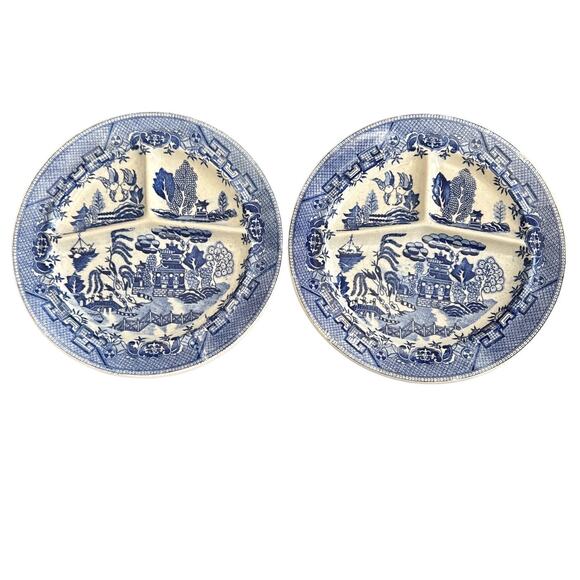Vintage Set of 2 Blue Willow Japan Grill Divided Plates